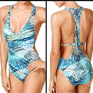{L} Kenneth Cole Blue Multi Sporty Splice Printed One Piece Swimsuit